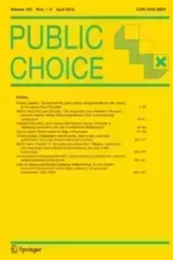 Bright yellow cover for "PUBLIC CHOICE" journal, Volume 155, Nos. 1-2, April 2013. Large green title and geometric graphic are above the list of articles. Springer logo.